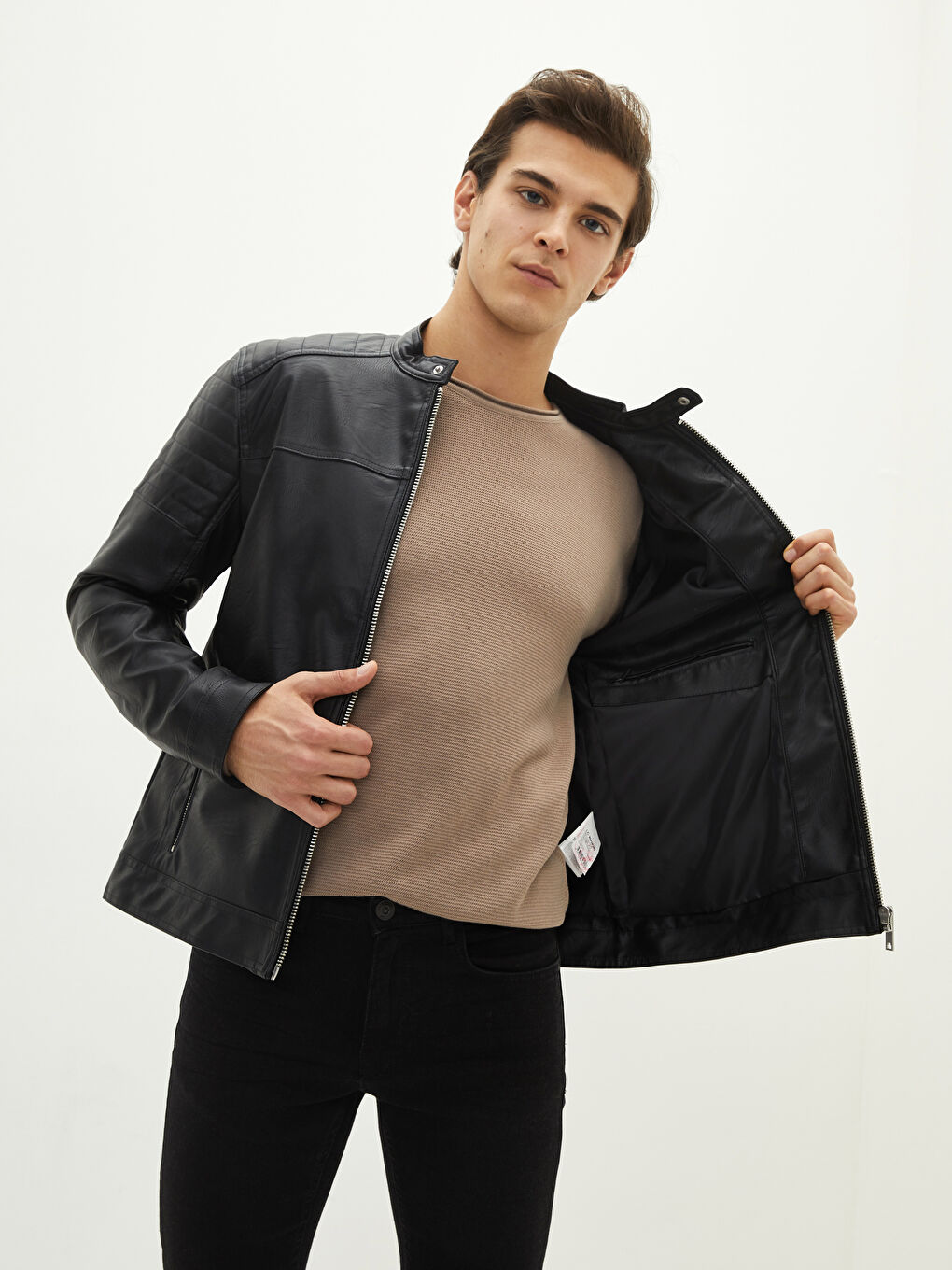 Siyah Slim Fit Biker Yaka Erkek Deri Görünümlü Mont-1