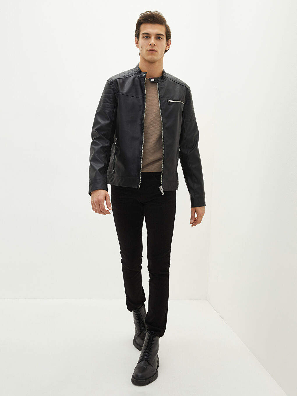 Siyah Slim Fit Biker Yaka Erkek Deri Görünümlü Mont-2