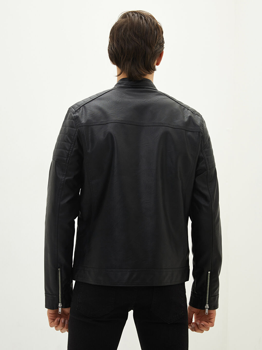 Siyah Slim Fit Biker Yaka Erkek Deri Görünümlü Mont-4