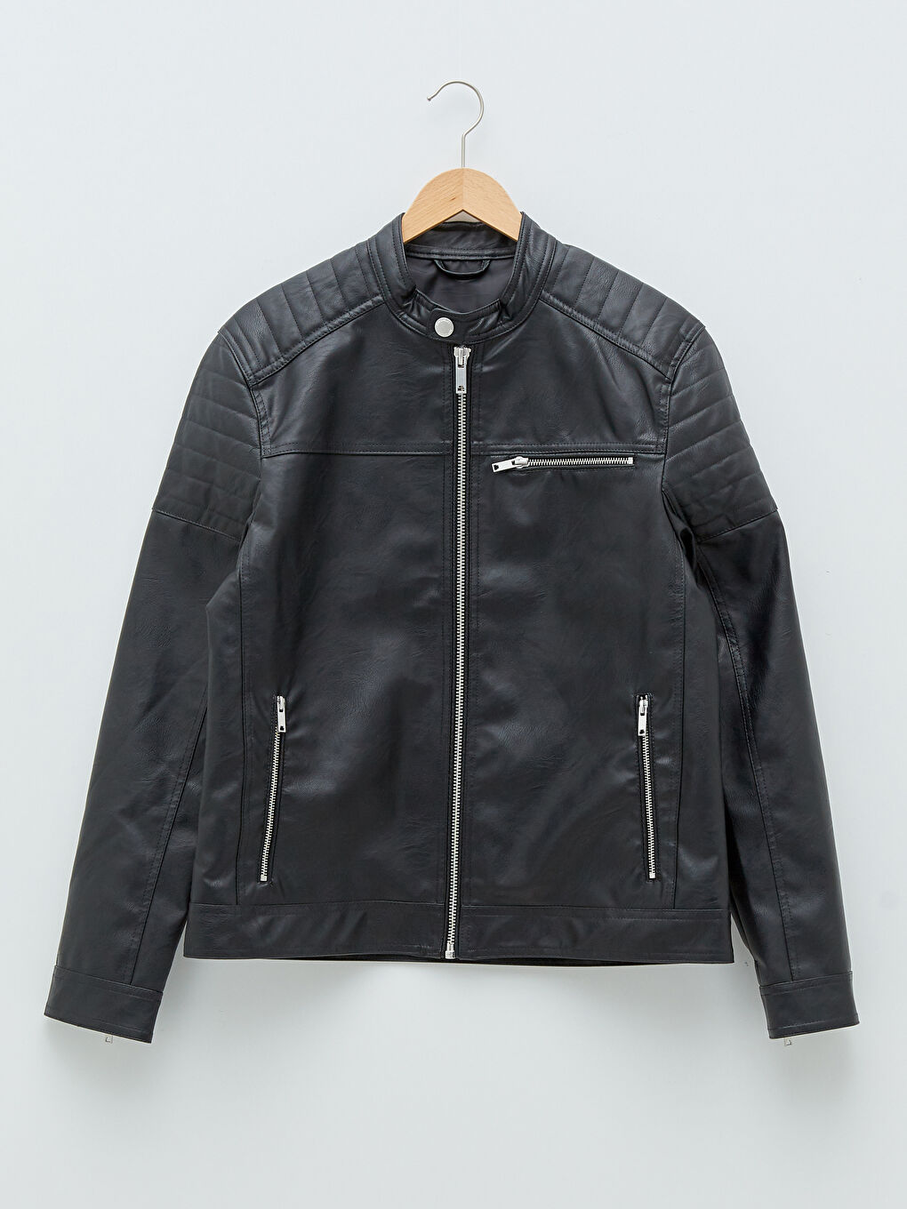 Siyah Slim Fit Biker Yaka Erkek Deri Görünümlü Mont-5