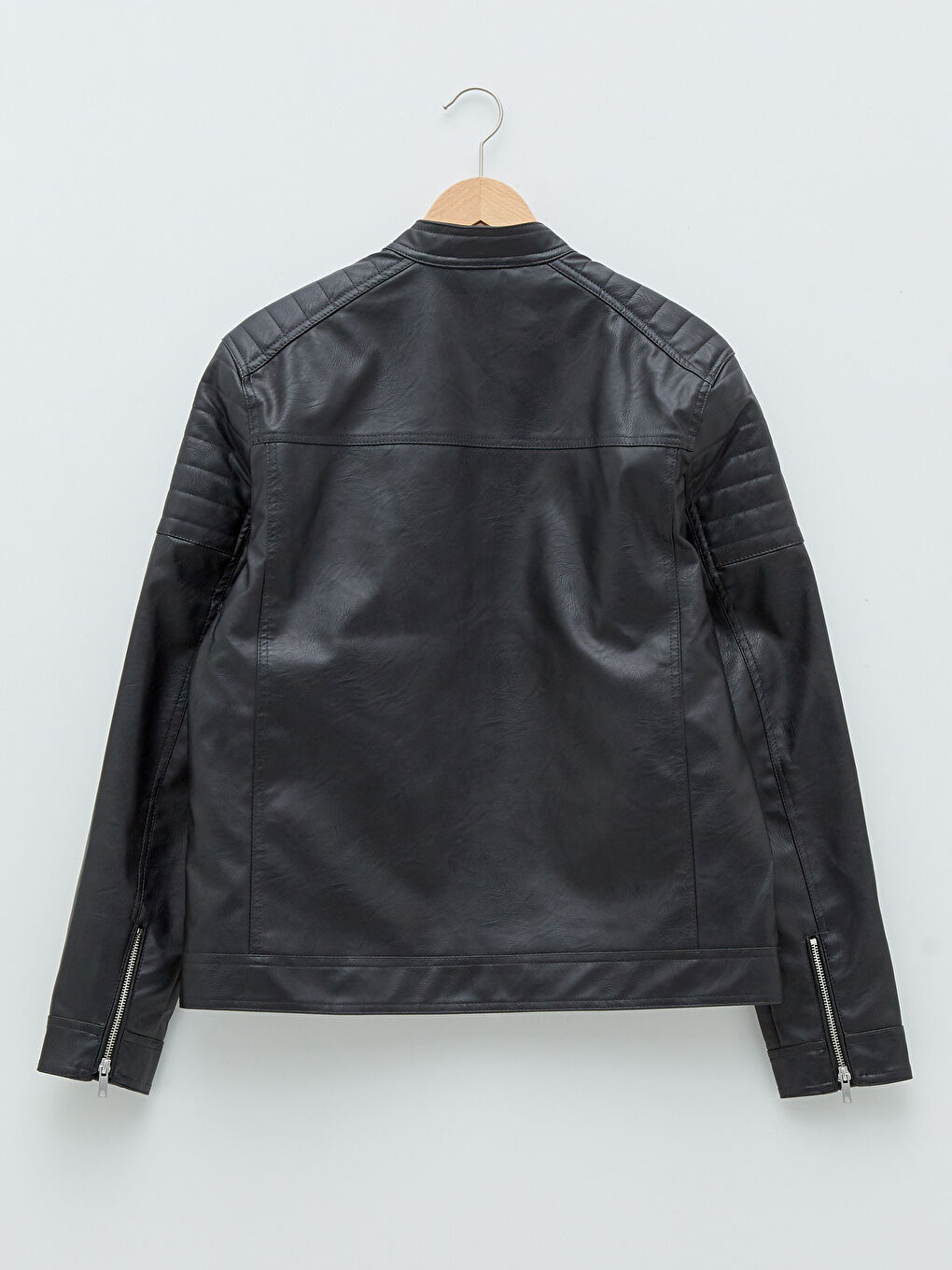 Siyah Slim Fit Biker Yaka Erkek Deri Görünümlü Mont-6