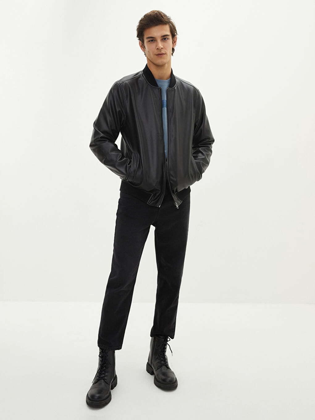 Siyah Standart Kalıp Kolej Yaka Erkek Deri Görünümlü Mont-2