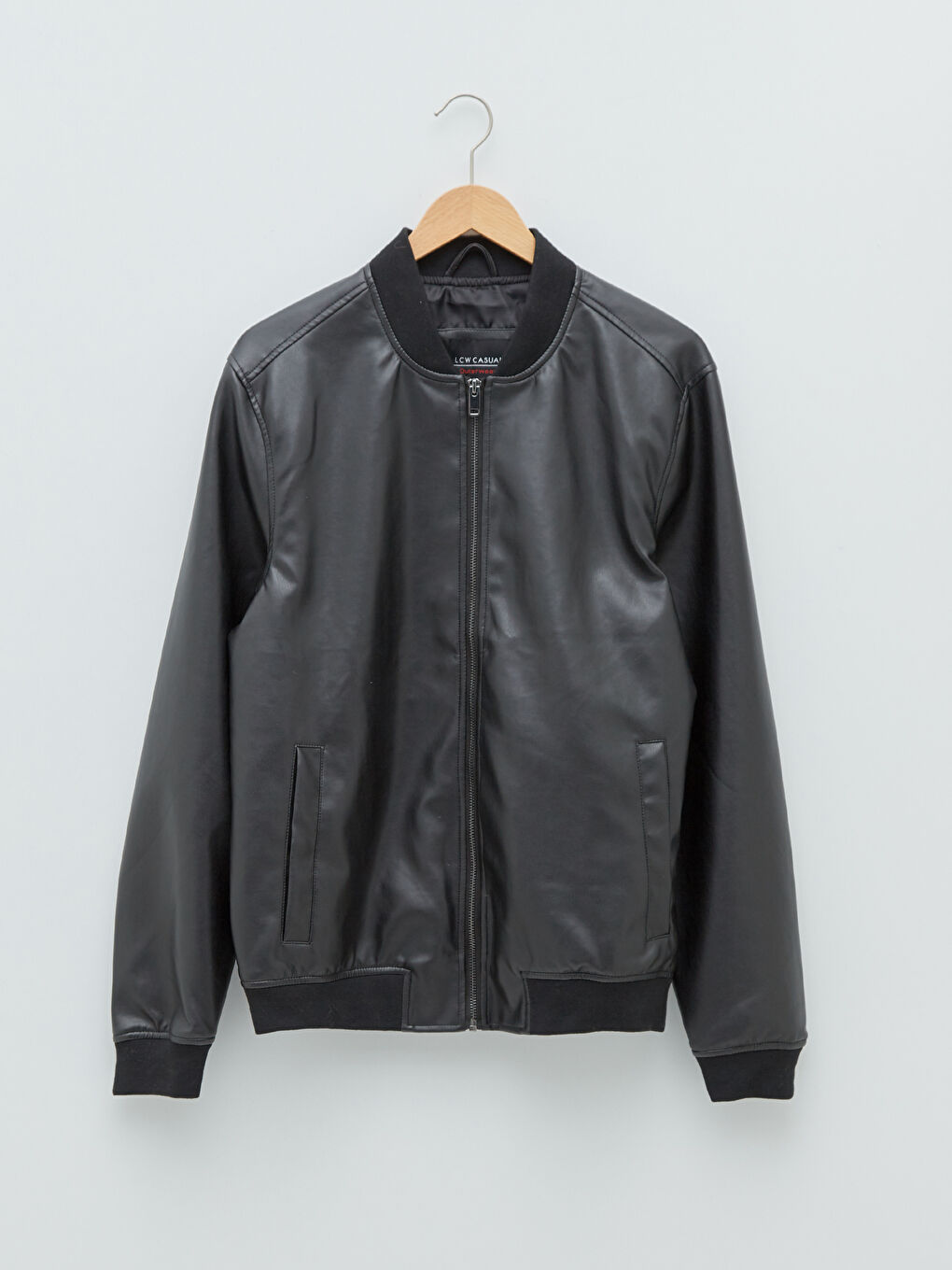 Siyah Standart Kalıp Kolej Yaka Erkek Deri Görünümlü Mont-5