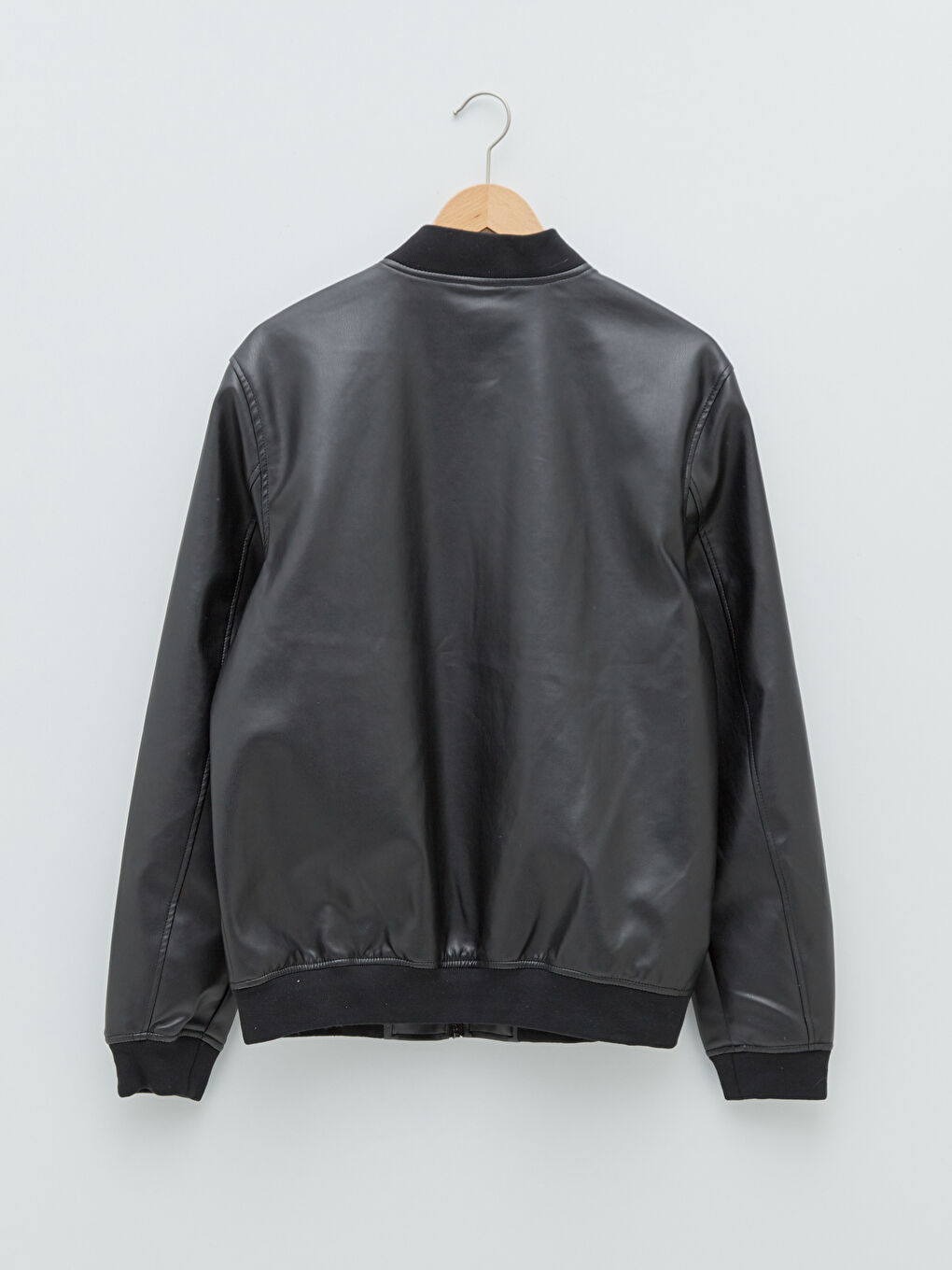 Siyah Standart Kalıp Kolej Yaka Erkek Deri Görünümlü Mont-6