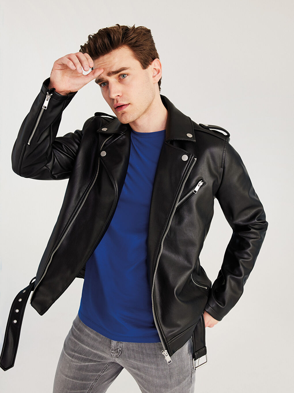 Siyah Slim Fit Ceket Yaka Erkek Deri Görünümlü Mont