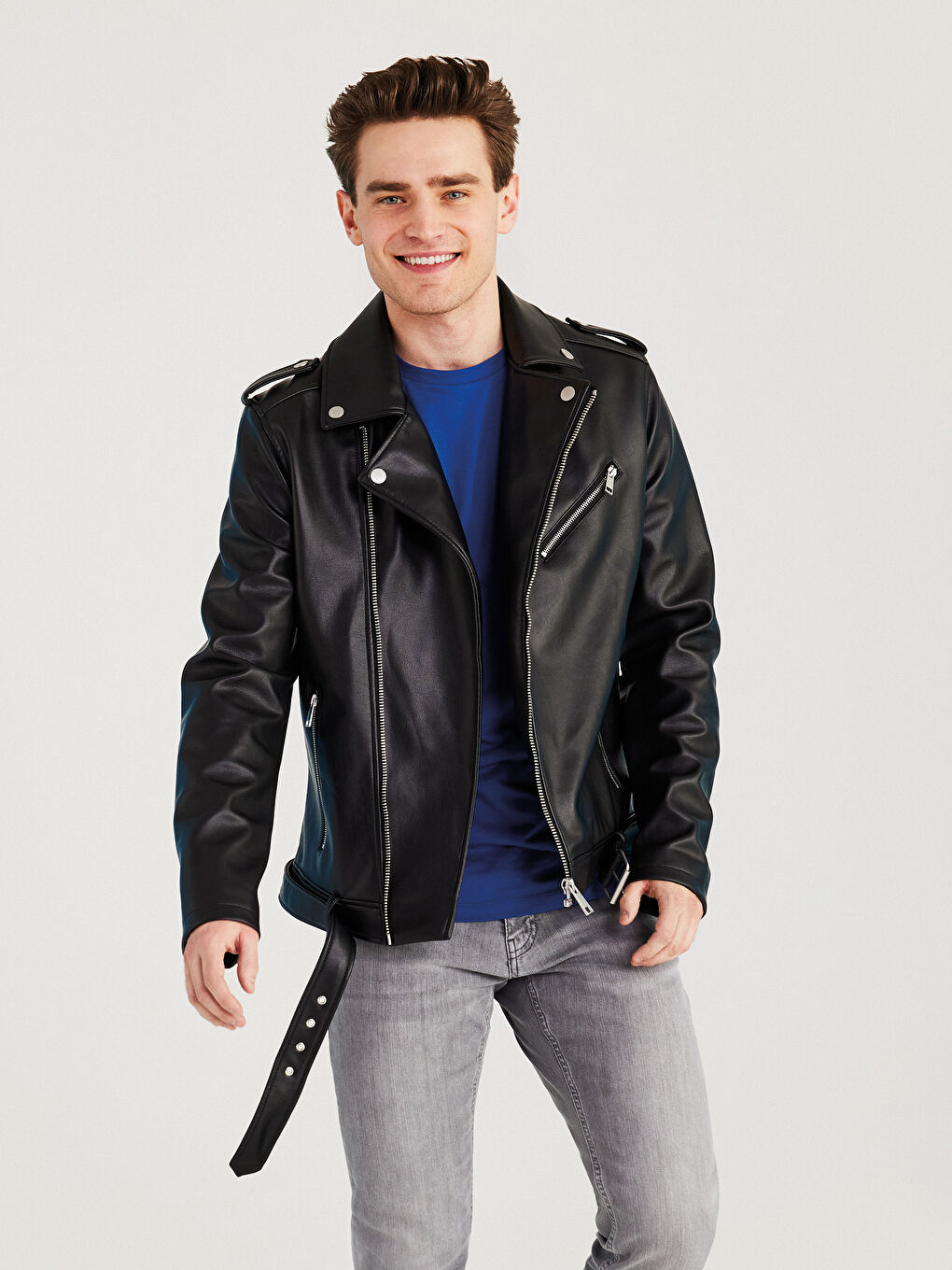Siyah Slim Fit Ceket Yaka Erkek Deri Görünümlü Mont-1