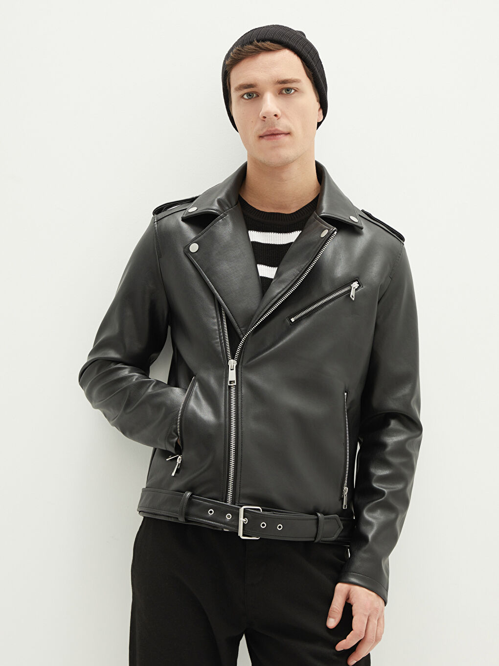 Siyah Slim Fit Ceket Yaka Erkek Deri Görünümlü Mont-2