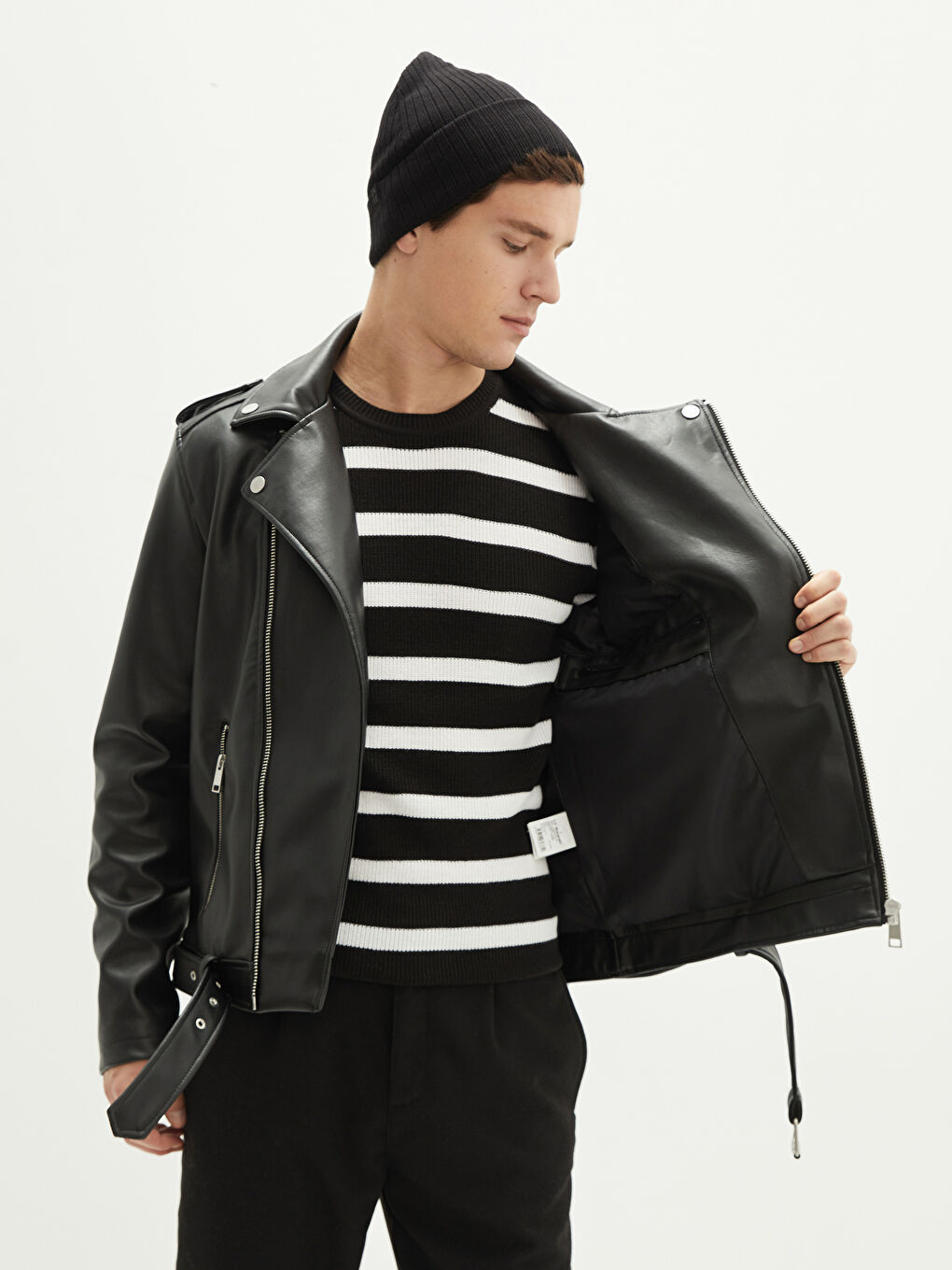 Siyah Slim Fit Ceket Yaka Erkek Deri Görünümlü Mont-3