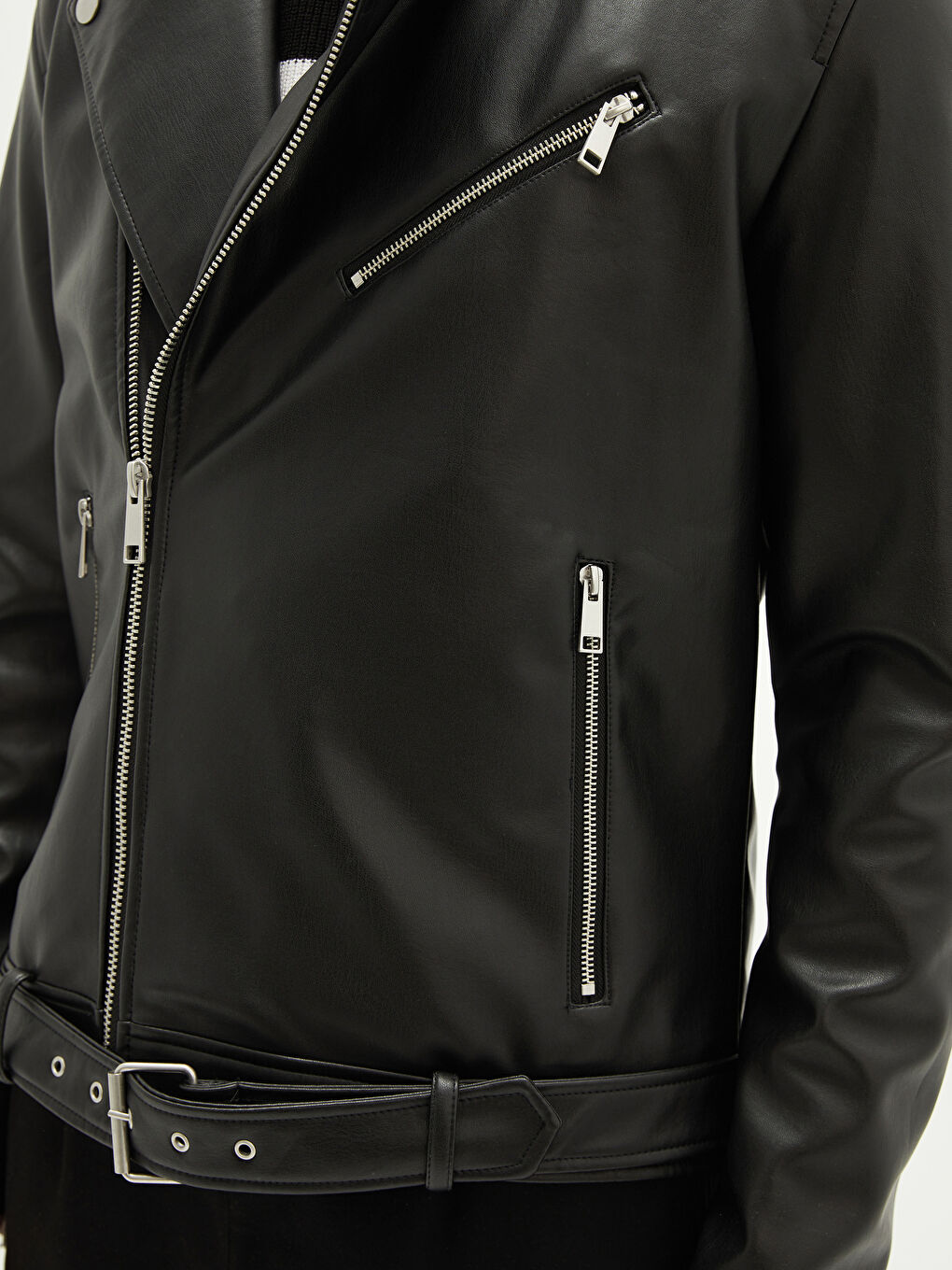 Siyah Slim Fit Ceket Yaka Erkek Deri Görünümlü Mont-5