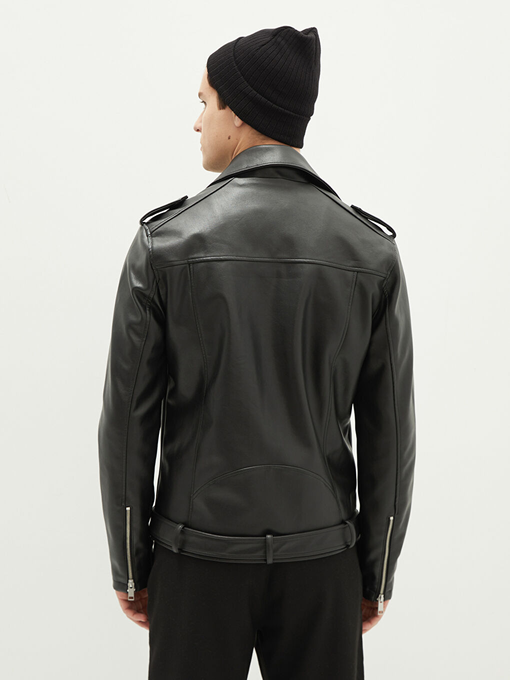 Siyah Slim Fit Ceket Yaka Erkek Deri Görünümlü Mont-6