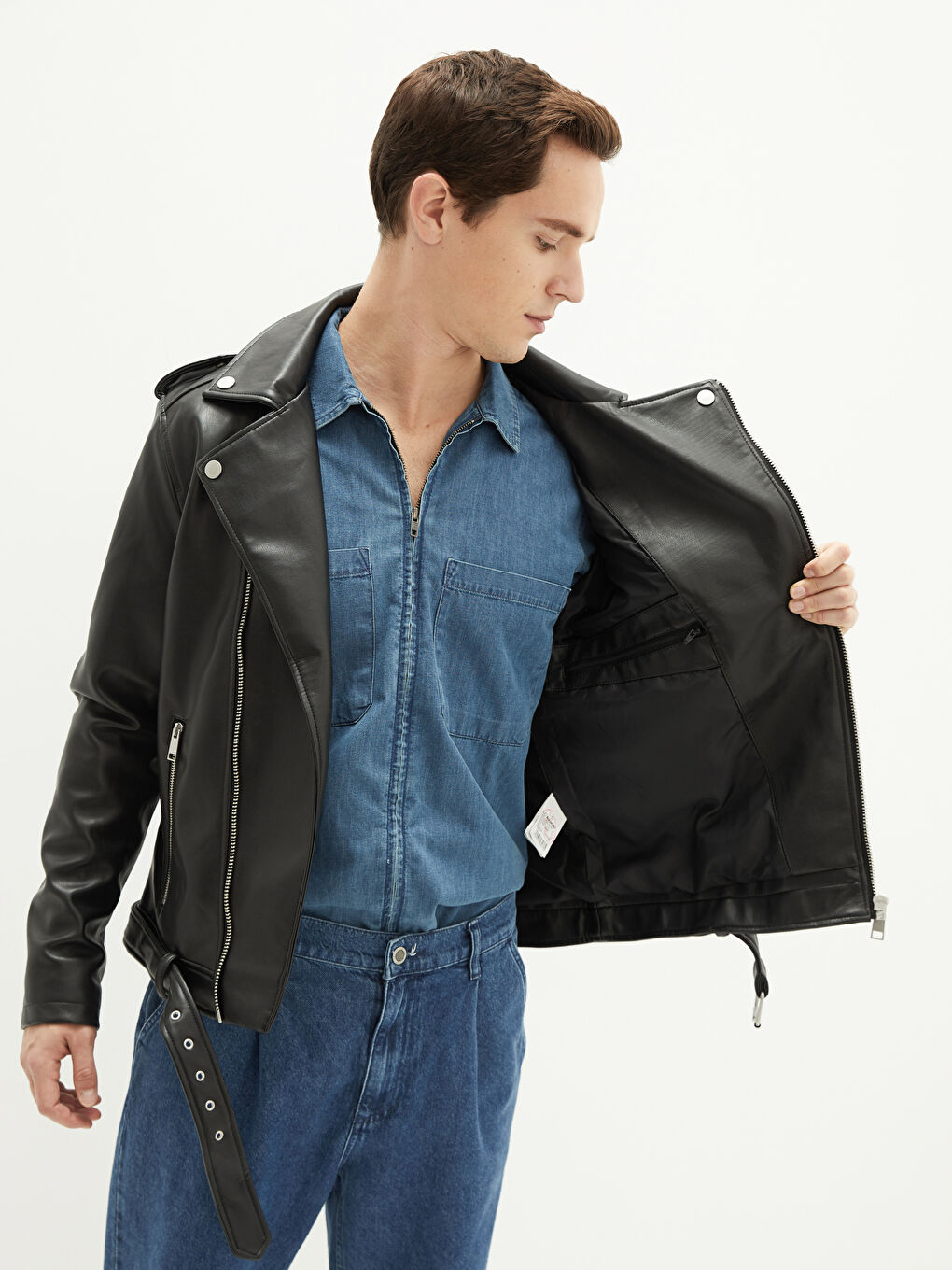 გამხდარი ძაბრისებრი საყელო მამაკაცის ხელოვნური ტყავის ქურთუკი-1