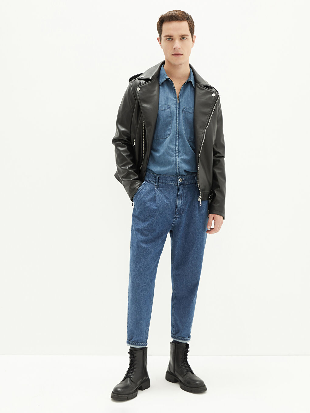 გამხდარი ძაბრისებრი საყელო მამაკაცის ხელოვნური ტყავის ქურთუკი-2