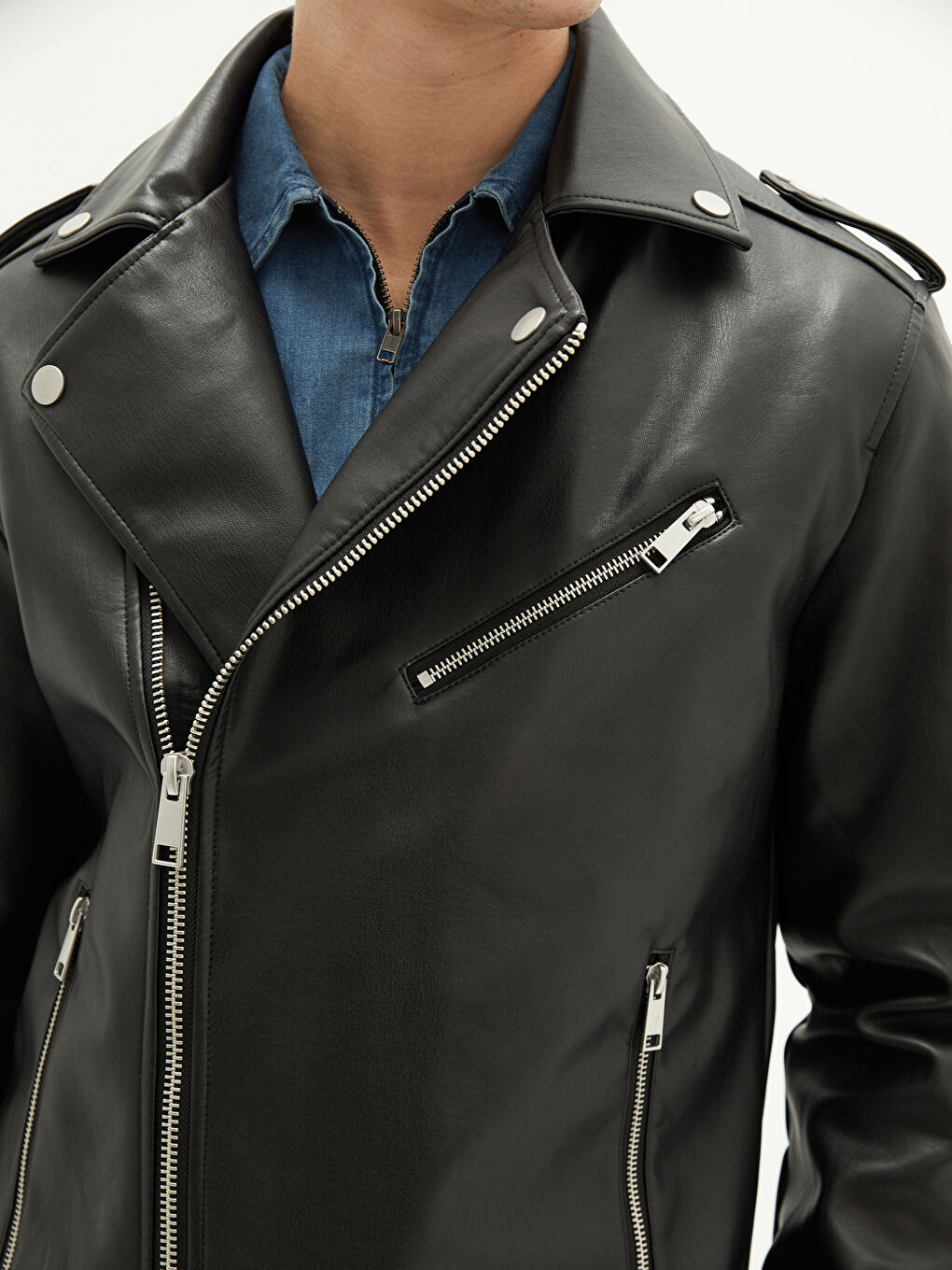 გამხდარი ძაბრისებრი საყელო მამაკაცის ხელოვნური ტყავის ქურთუკი-3