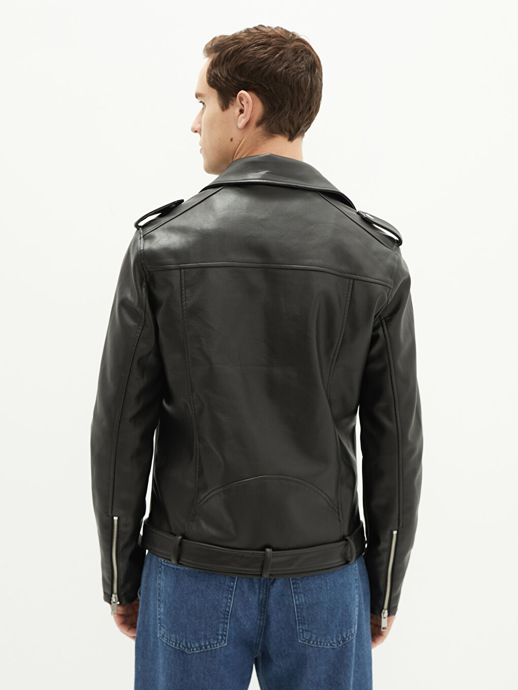 გამხდარი ძაბრისებრი საყელო მამაკაცის ხელოვნური ტყავის ქურთუკი-4