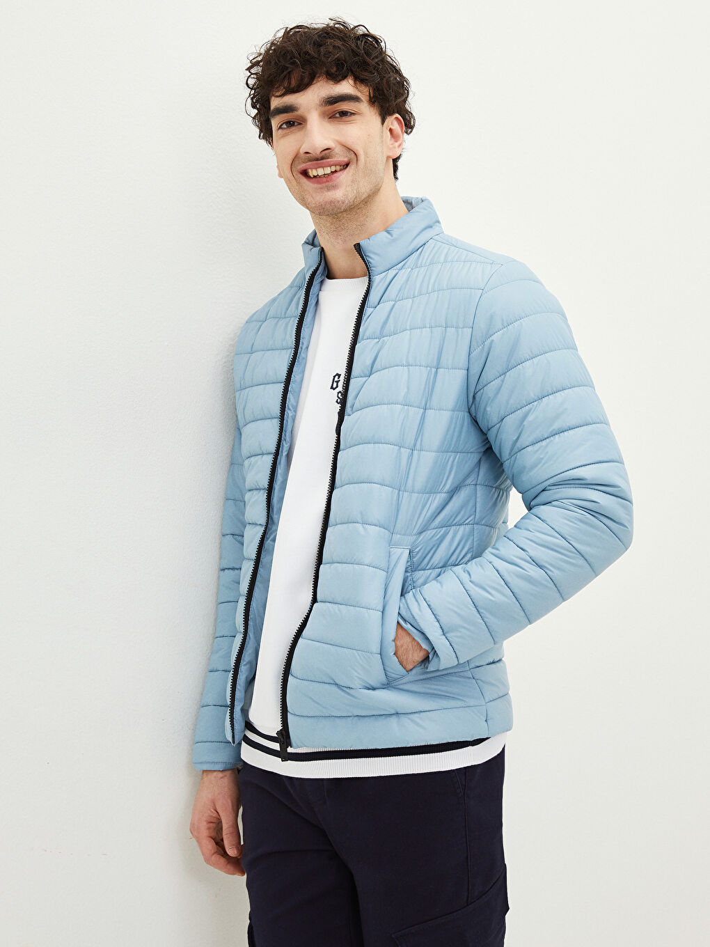 Mavi Slim Fit Dik Yaka Erkek Şişme Mont