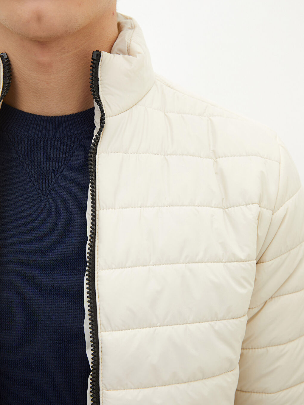 Bej Slim Fit Dik Yaka Erkek Şişme Mont-2