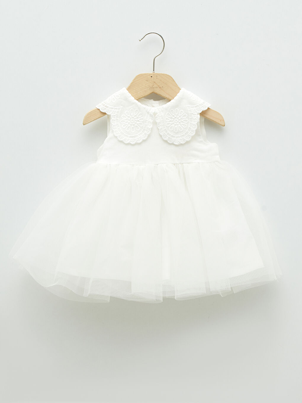 Ekru Bebe Yaka Tül Etekli Kız Bebek Elbise