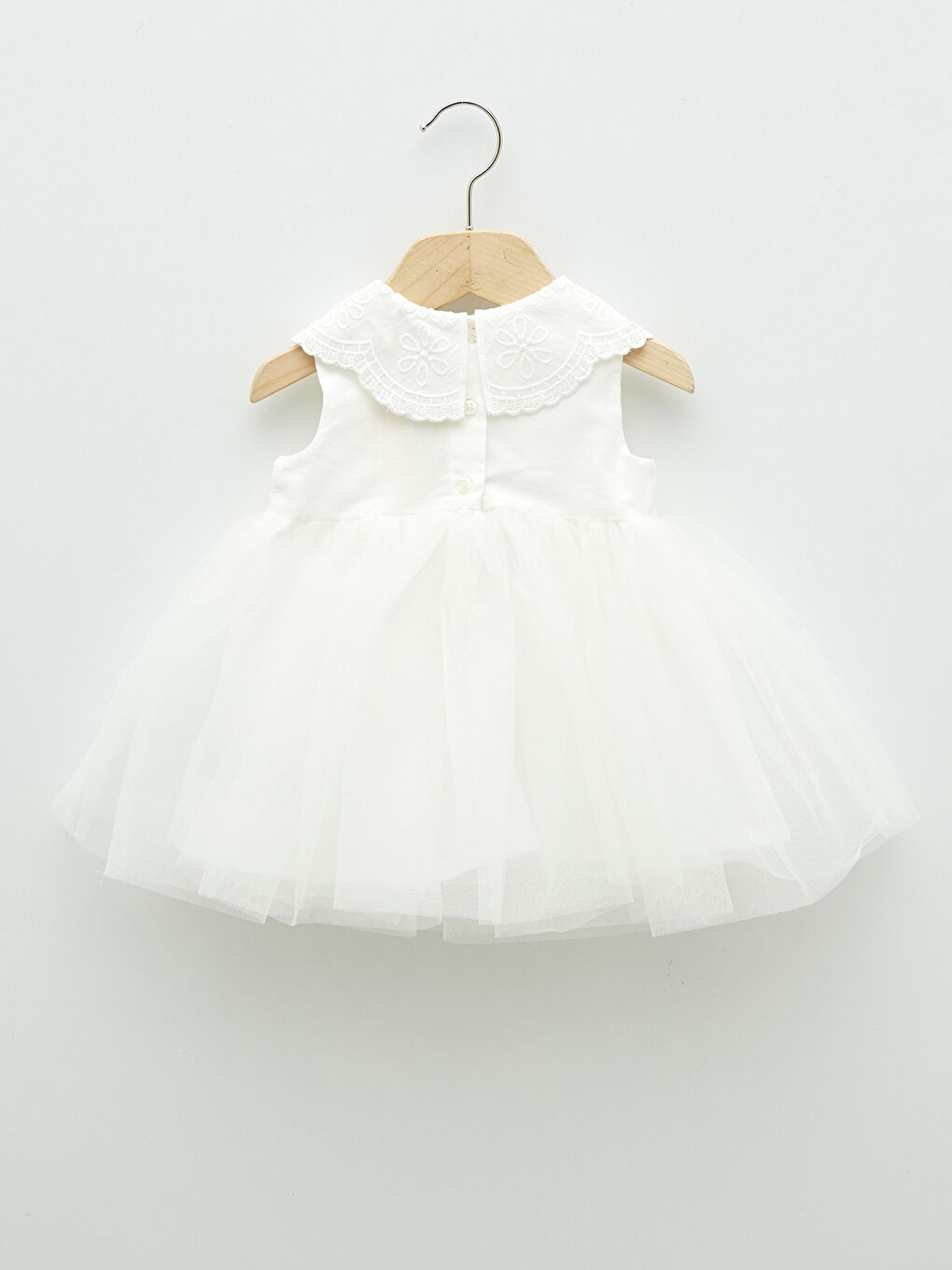 Ekru Bebe Yaka Tül Etekli Kız Bebek Elbise-1