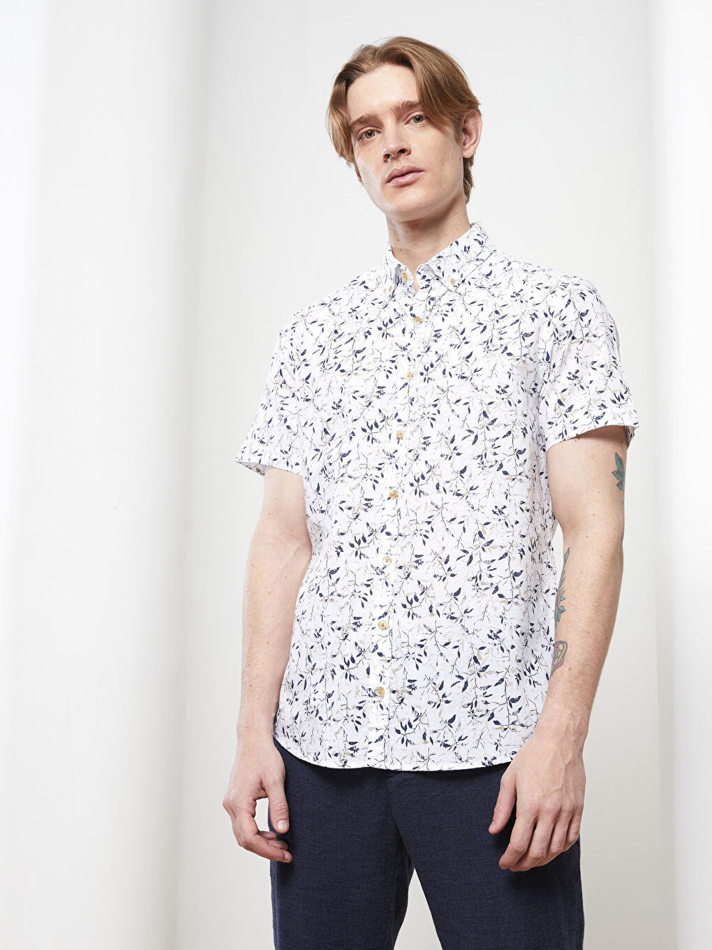 Bej Slim Fit Kısa Kollu Desenli Poplin Erkek Gömlek