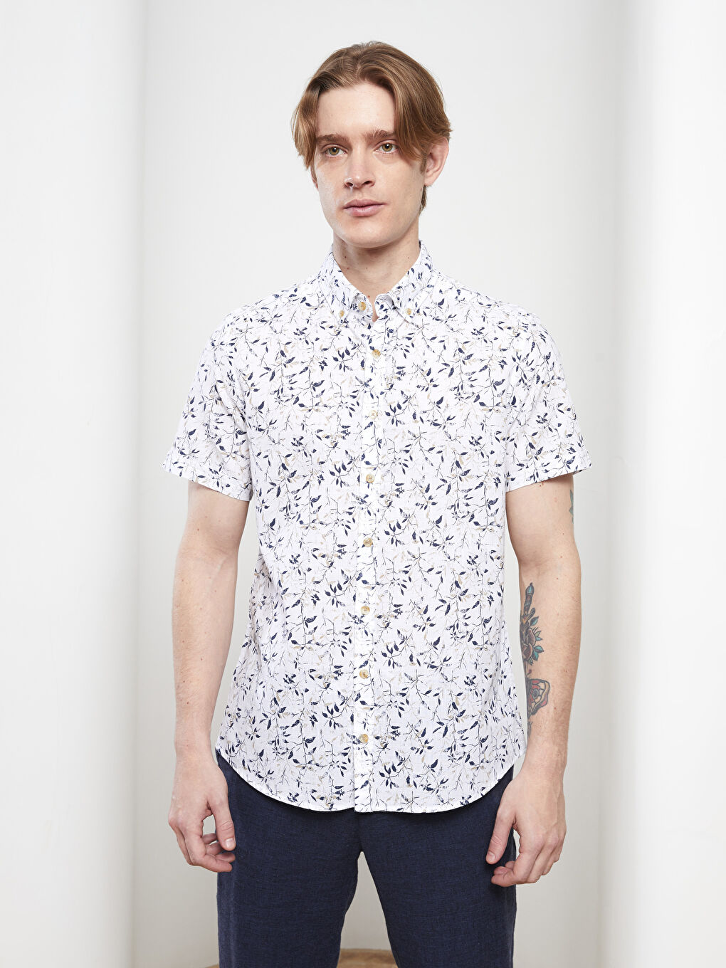 Bej Slim Fit Kısa Kollu Desenli Poplin Erkek Gömlek-1