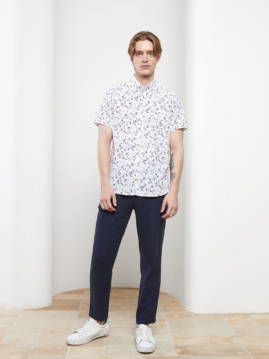 Bej Slim Fit Kısa Kollu Desenli Poplin Erkek Gömlek-2