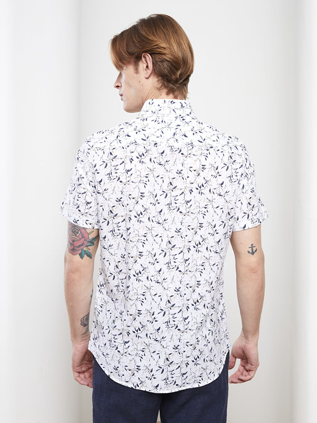 Bej Slim Fit Kısa Kollu Desenli Poplin Erkek Gömlek-4