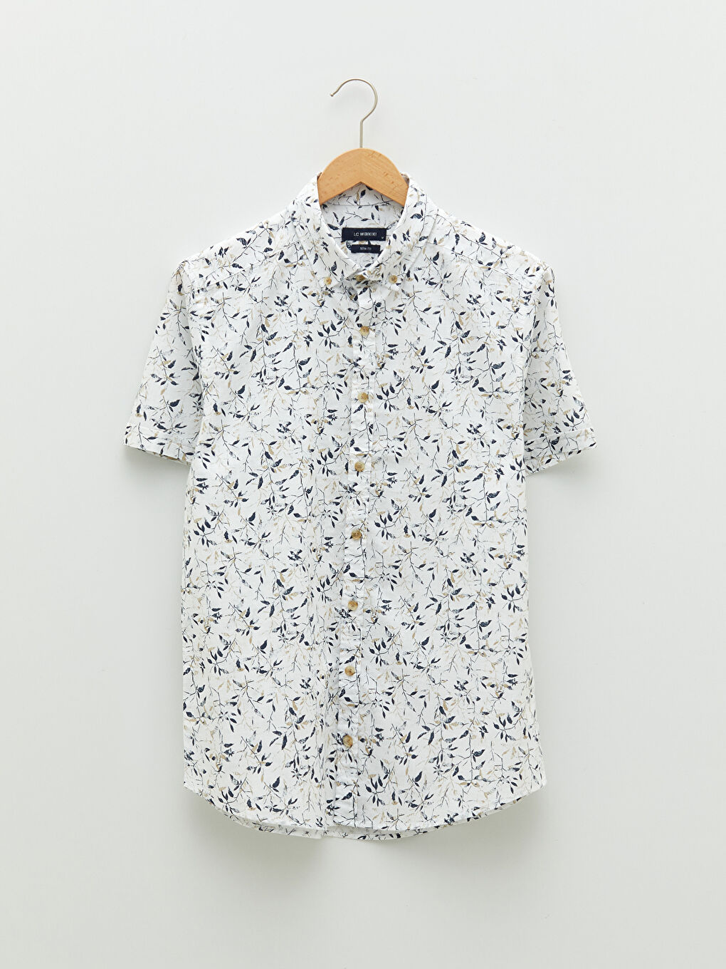 Bej Slim Fit Kısa Kollu Desenli Poplin Erkek Gömlek-5