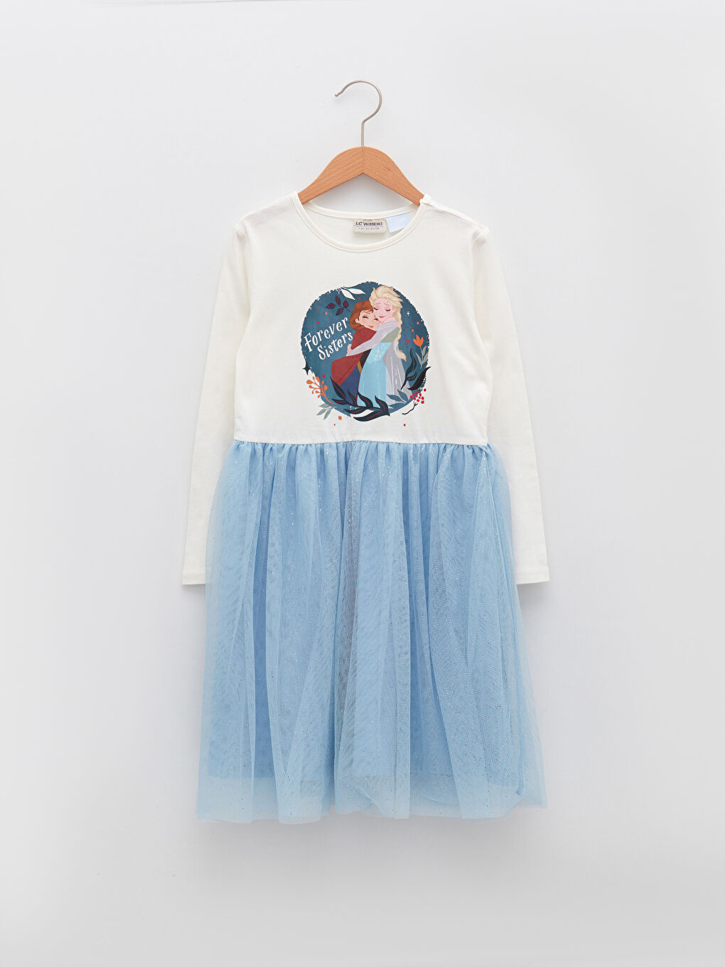 فستان بناتي كم طويل مطبوع فروزن بياقة دائرية