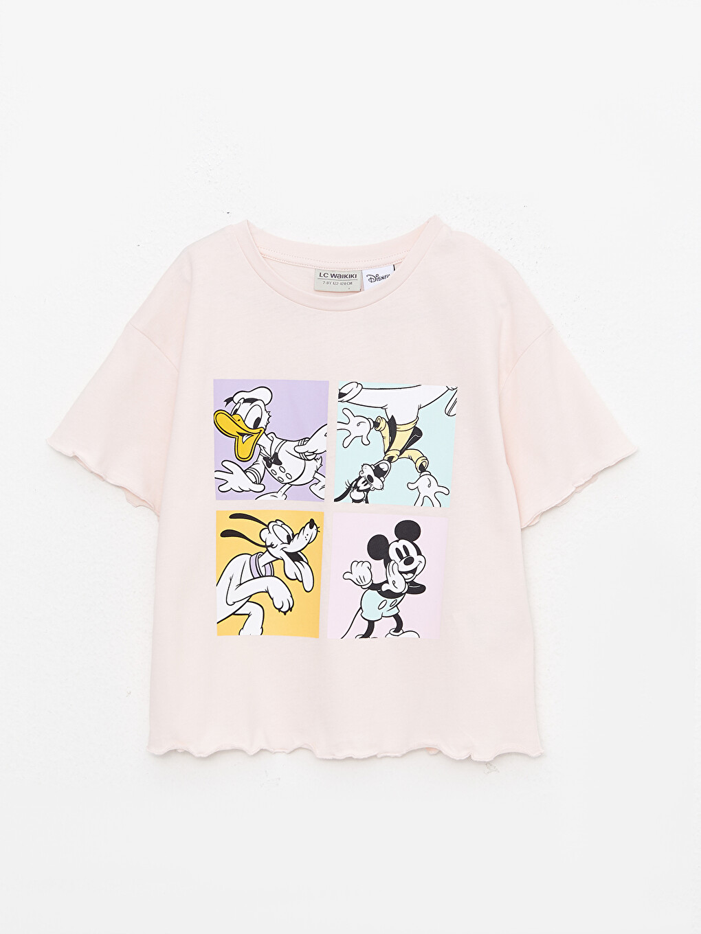 Pembe Bisiklet Yaka Disney Baskılı Kısa Kollu Kız Çocuk Tişört