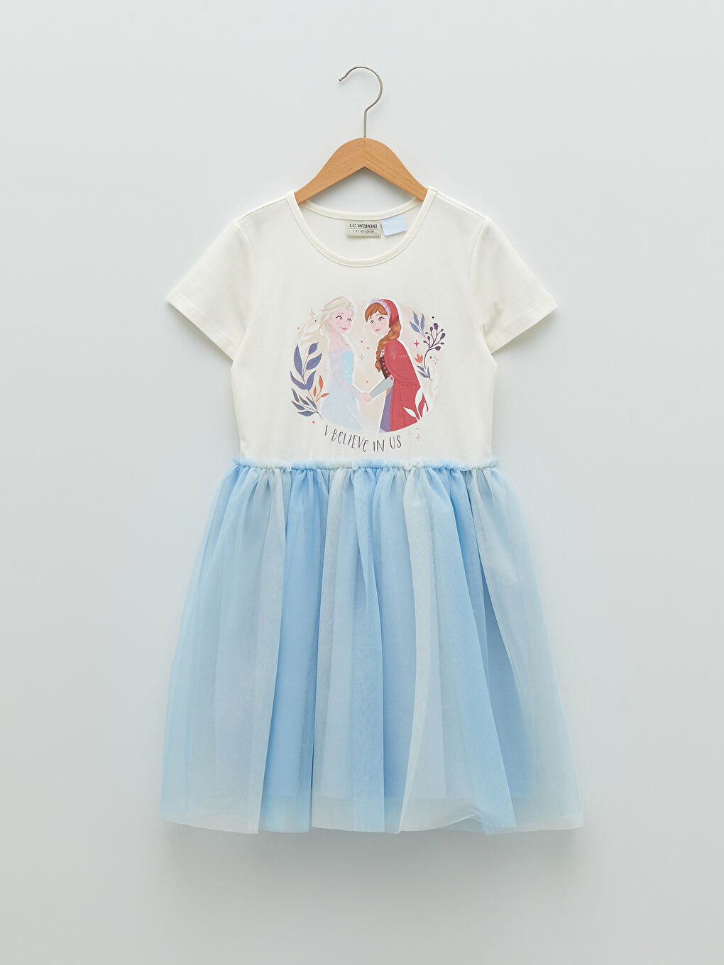 Ekru Bisiklet Yaka Frozen Baskılı Kısa Kollu Kız Çocuk Elbise