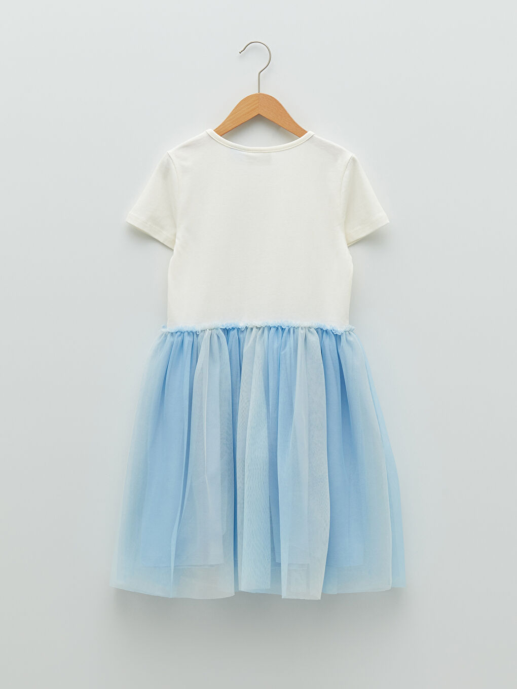 Ekru Bisiklet Yaka Frozen Baskılı Kısa Kollu Kız Çocuk Elbise-1