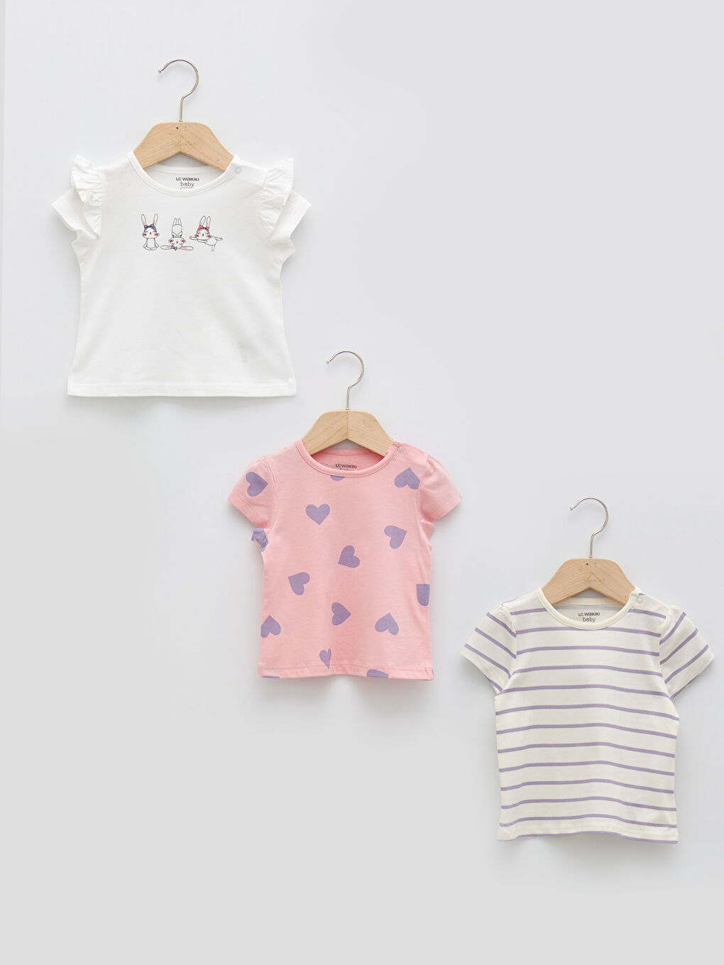 تيشيرت ياقة دائرية كم قصير مطبوع للبنات الرضع - مجموعة من ٣ قطع