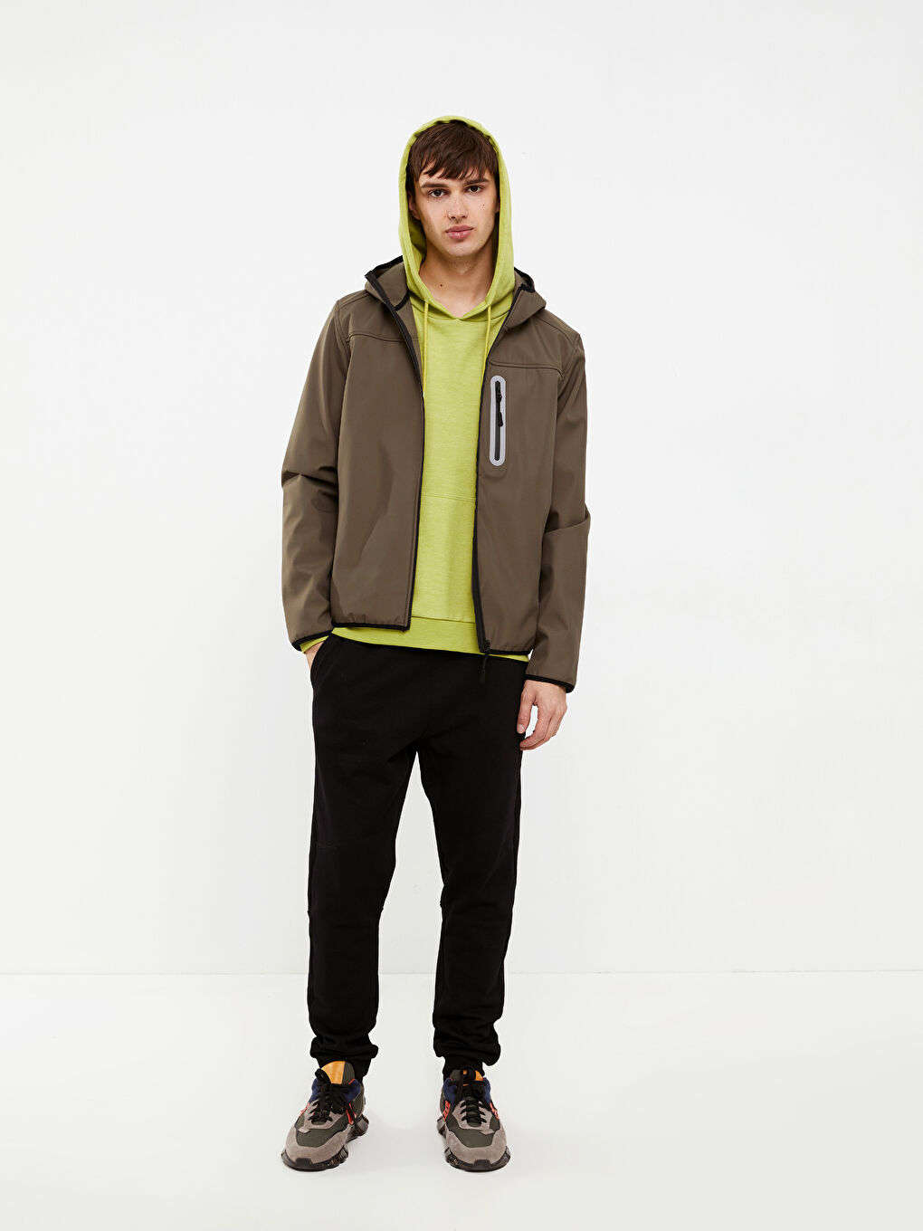 Haki Standart Kalıp Kapüşonlu Erkek Yağmurluk-3