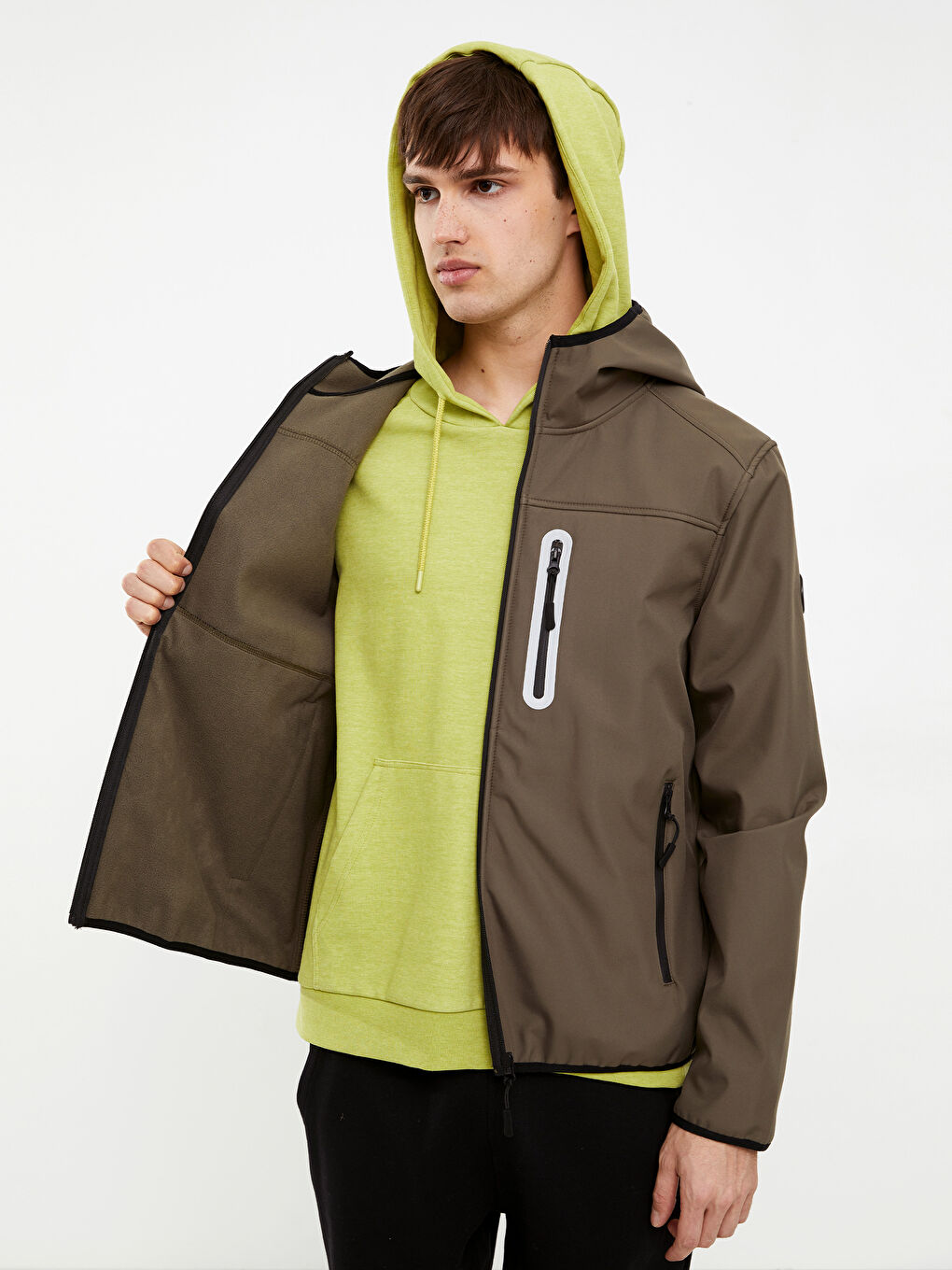 Haki Standart Kalıp Kapüşonlu Erkek Yağmurluk-4