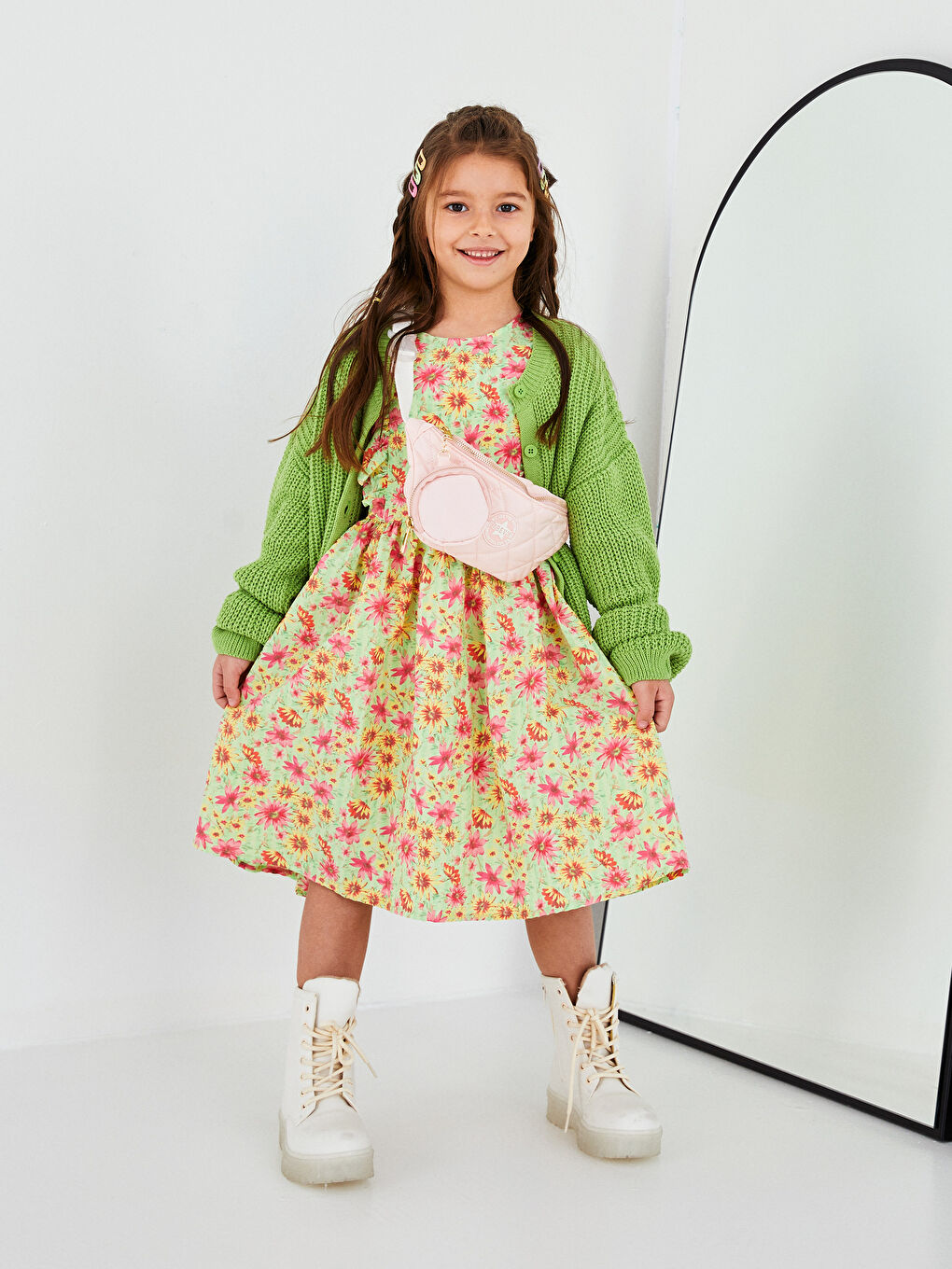 فستان بناتي قطني مطبوع بأكمام قصيرة وقبة دائرية