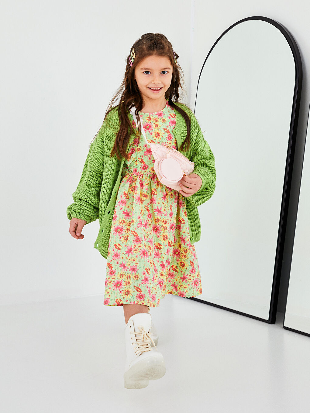 فستان بناتي قطني مطبوع بأكمام قصيرة وقبة دائرية-1