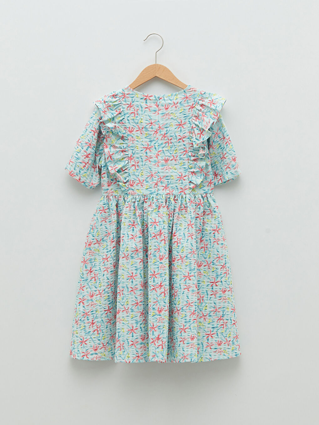 Turkuaz Bisiklet Yaka Baskılı Kısa Kollu Pamuklu Kız Çocuk Elbise-1