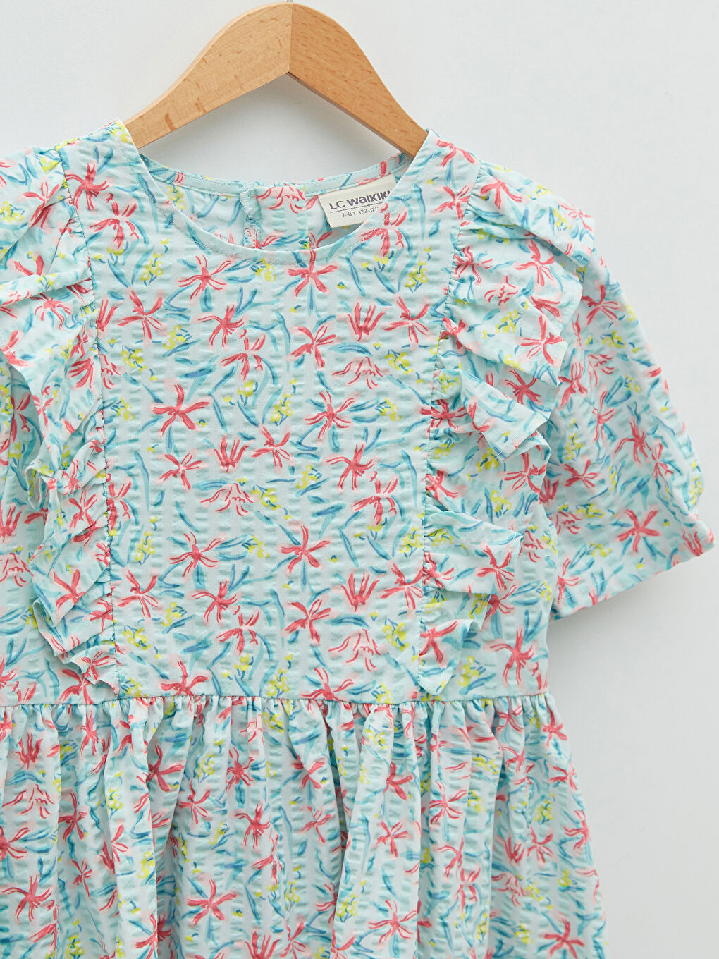 Turkuaz Bisiklet Yaka Baskılı Kısa Kollu Pamuklu Kız Çocuk Elbise-2