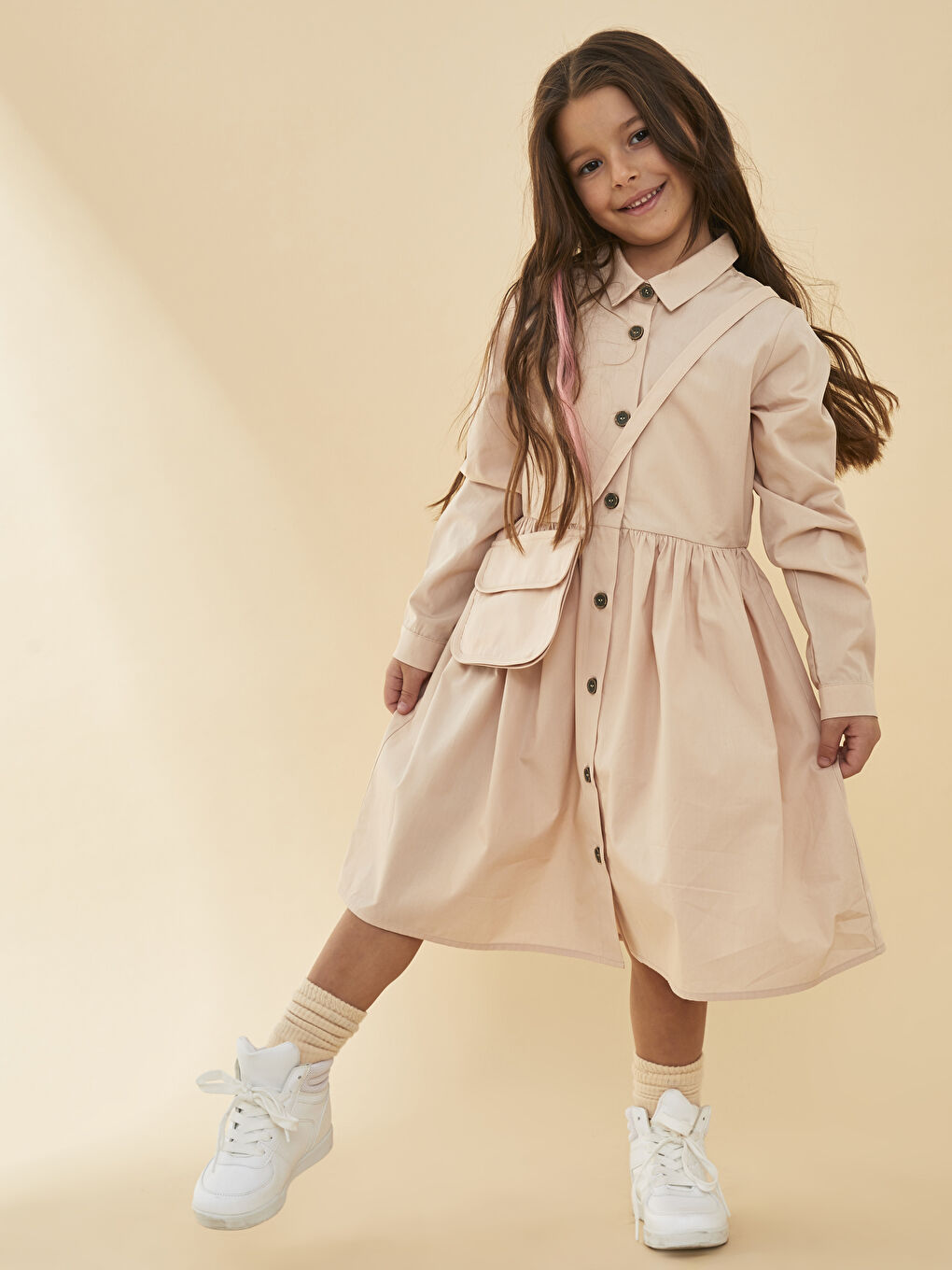 Платье-рубашка для девочки с длинным рукавом из поплина и с сумкой в комплекте-1