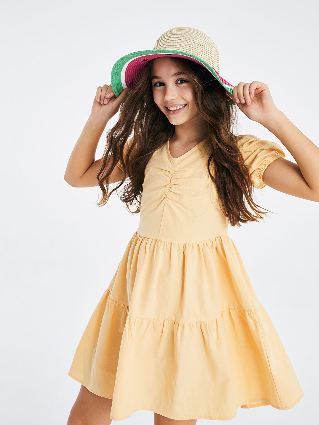 LCW Kids Pastel Turuncu V Yaka Basic Kısa Kollu Poplin Kız Çocuk Elbise - 1