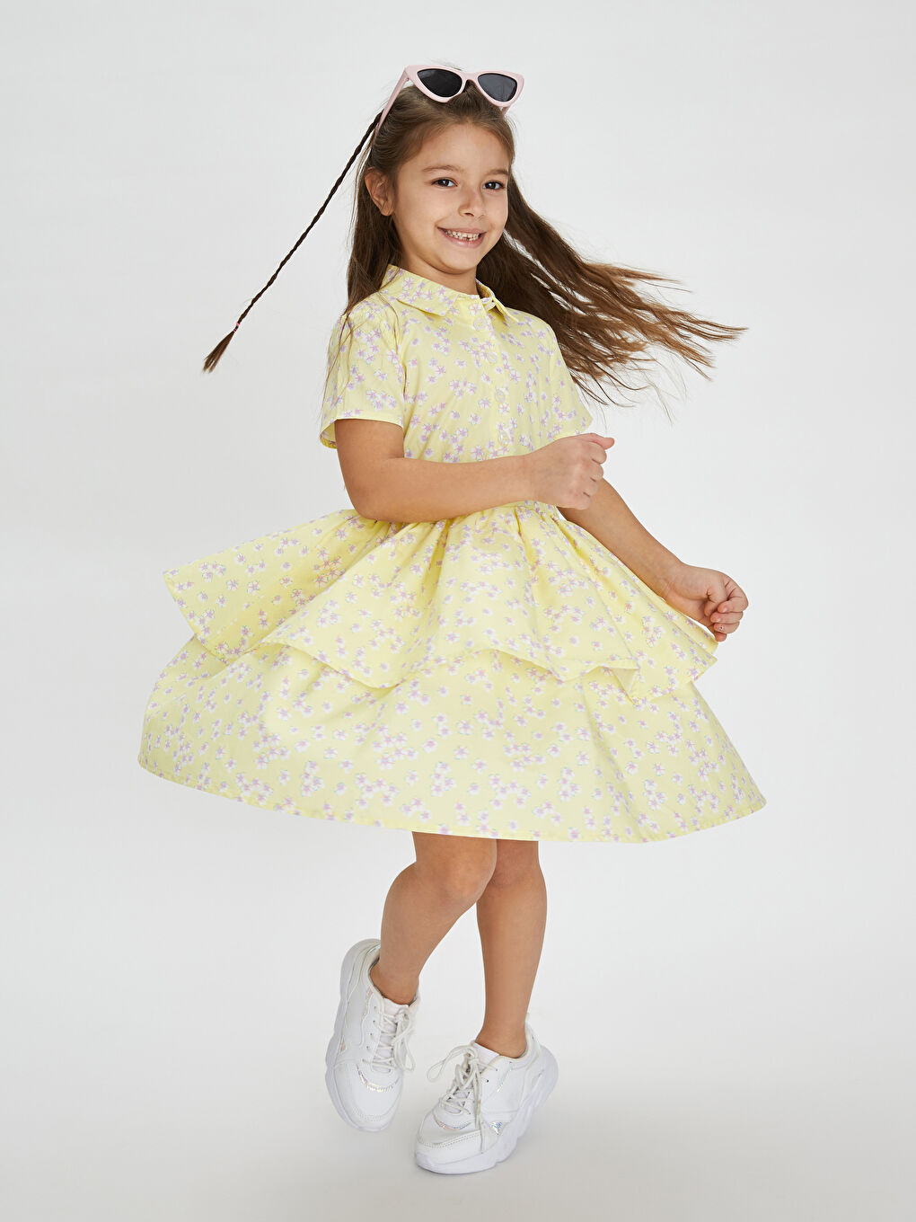 Sarı Gömlek Yaka Desenli Kısa Kollu Poplin Kız Çocuk Elbise