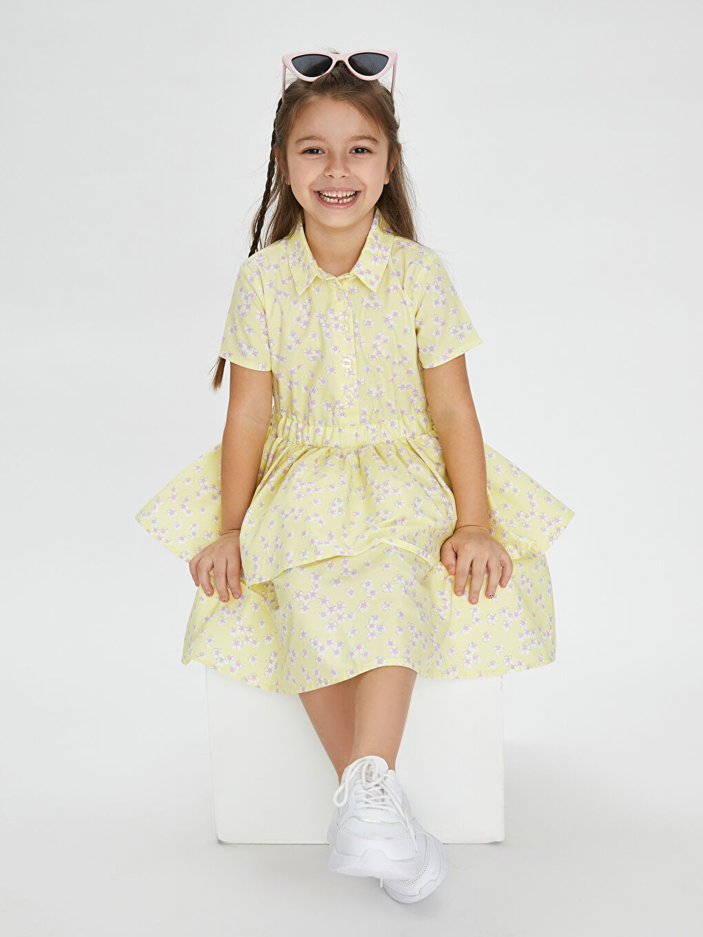 Sarı Gömlek Yaka Desenli Kısa Kollu Poplin Kız Çocuk Elbise-1
