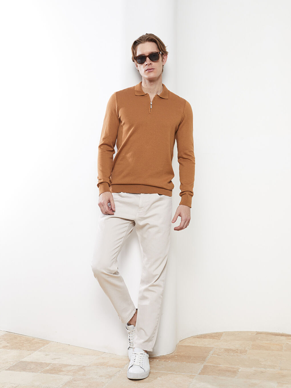 Kahverengi Polo Yaka Uzun Kollu İnce Erkek Triko Kazak