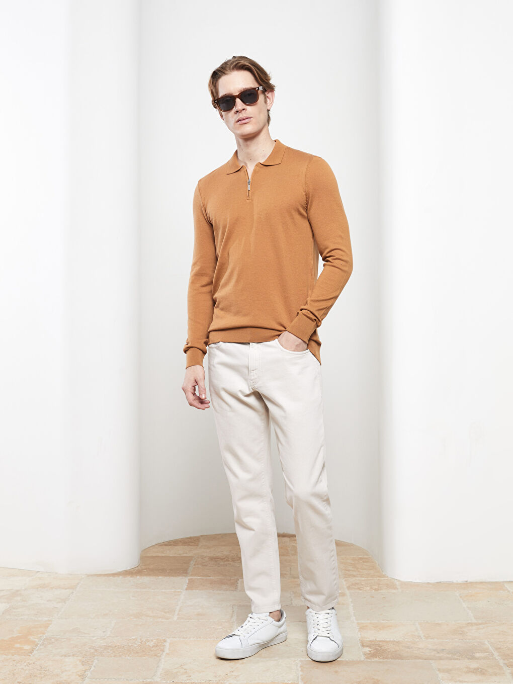 Kahverengi Polo Yaka Uzun Kollu İnce Erkek Triko Kazak-1