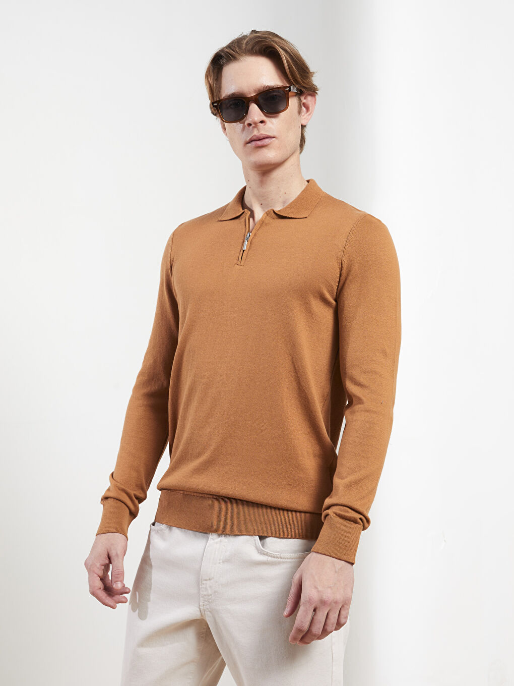 Kahverengi Polo Yaka Uzun Kollu İnce Erkek Triko Kazak-2