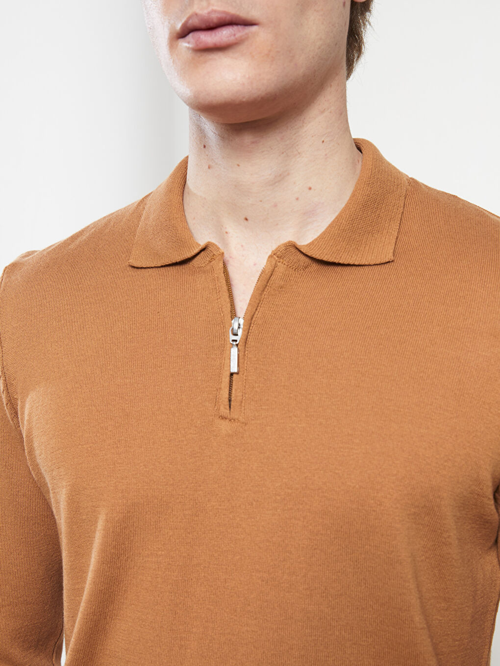 Kahverengi Polo Yaka Uzun Kollu İnce Erkek Triko Kazak-3