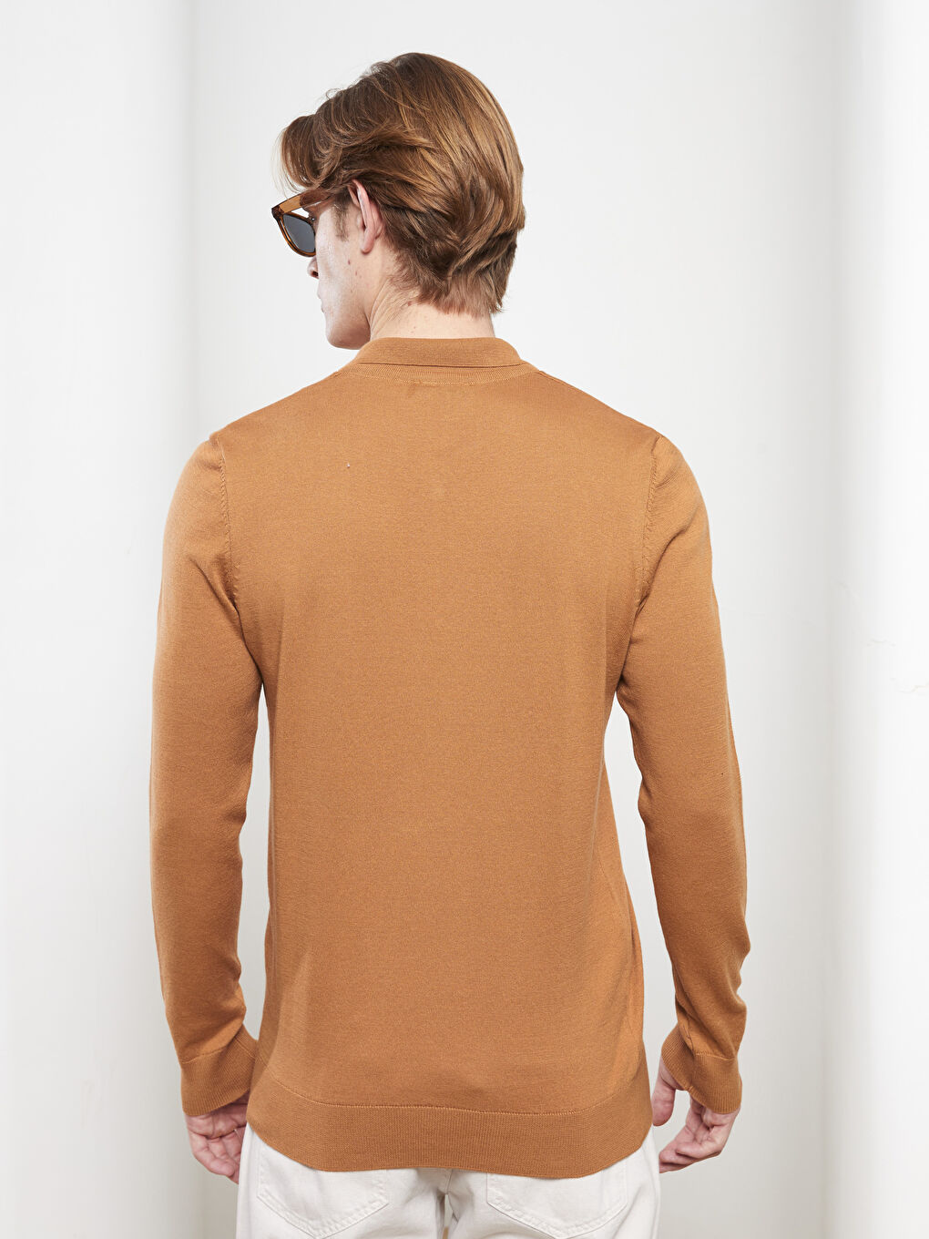 Kahverengi Polo Yaka Uzun Kollu İnce Erkek Triko Kazak-4
