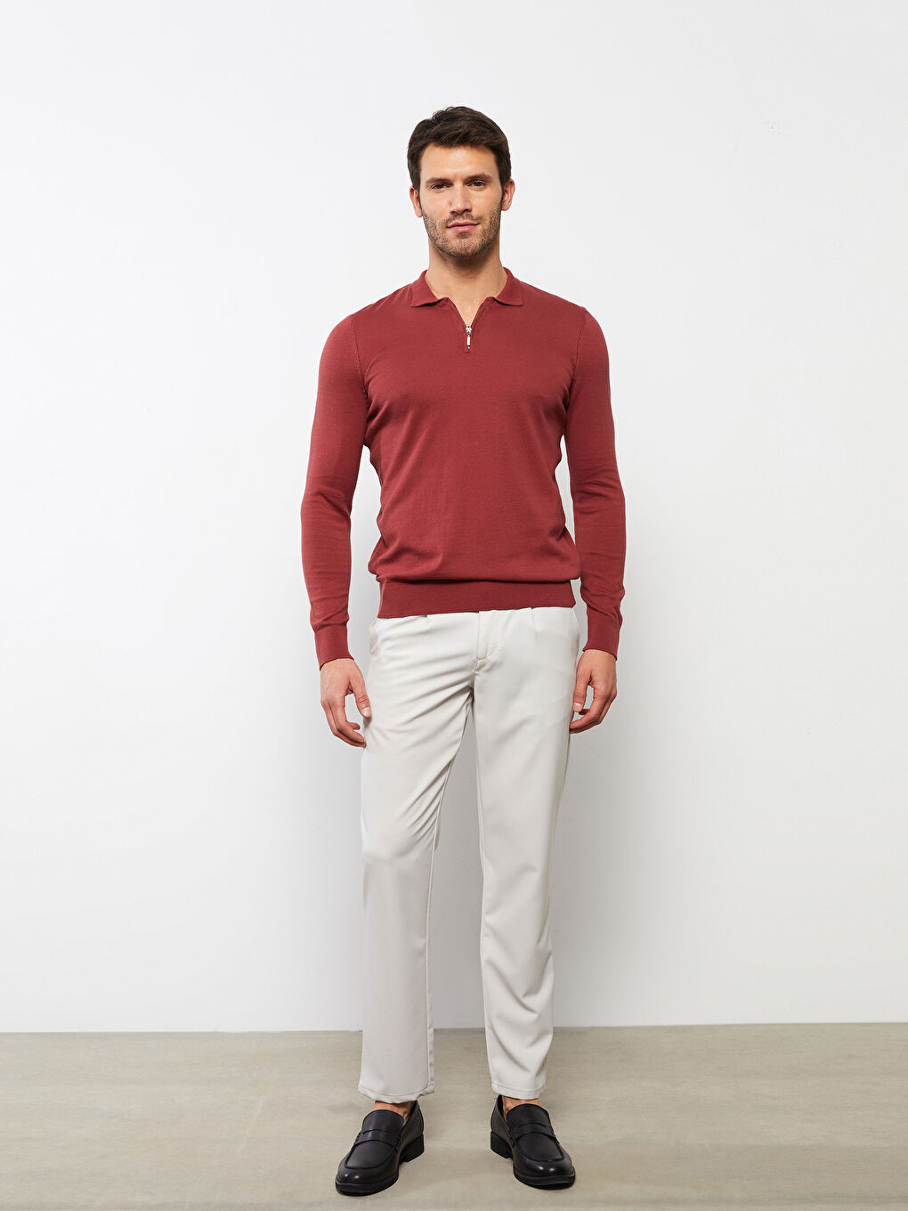 Polo Neck Long Sleeve Thin Men's Tricot Sweater-1