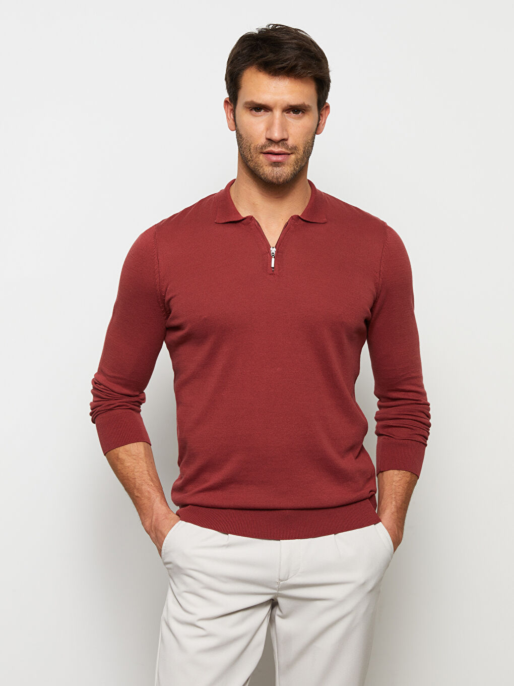 Polo Neck Long Sleeve Thin Men's Tricot Sweater-2