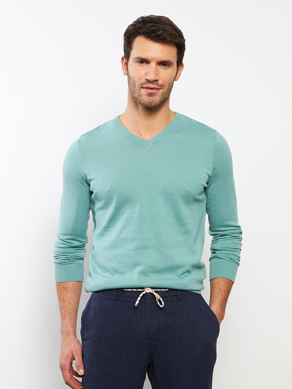 Ерлерге арналған трикотаж ұзын жең v жағалы жемпір-2